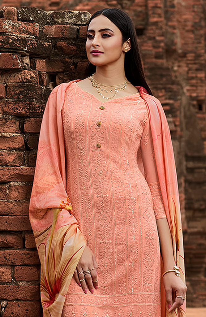 Salmon Peach Designer Embroidered Lucknowi Chikankari Pant Suit-Saira's Boutique