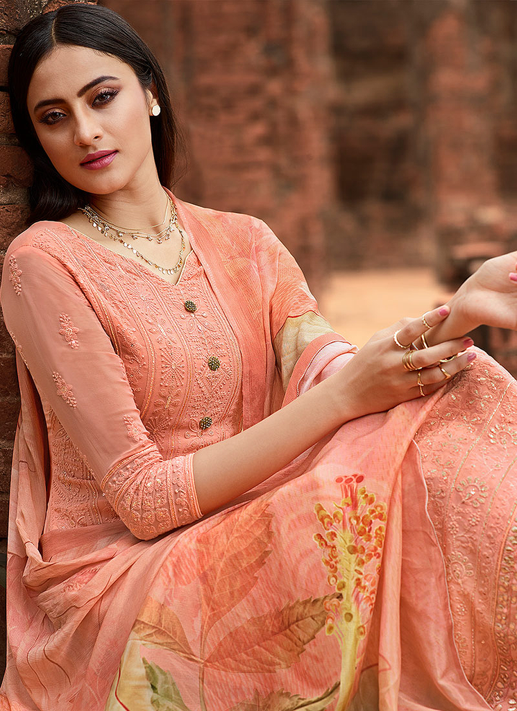 Salmon Peach Designer Embroidered Lucknowi Chikankari Pant Suit-Saira's Boutique
