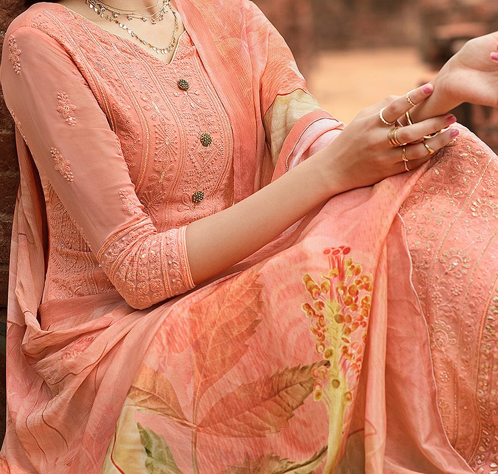 Salmon Peach Designer Embroidered Lucknowi Chikankari Pant Suit-Saira's Boutique