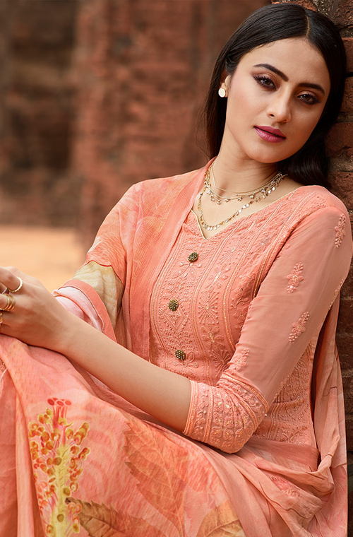 Salmon Peach Designer Embroidered Lucknowi Chikankari Pant Suit-Saira's Boutique