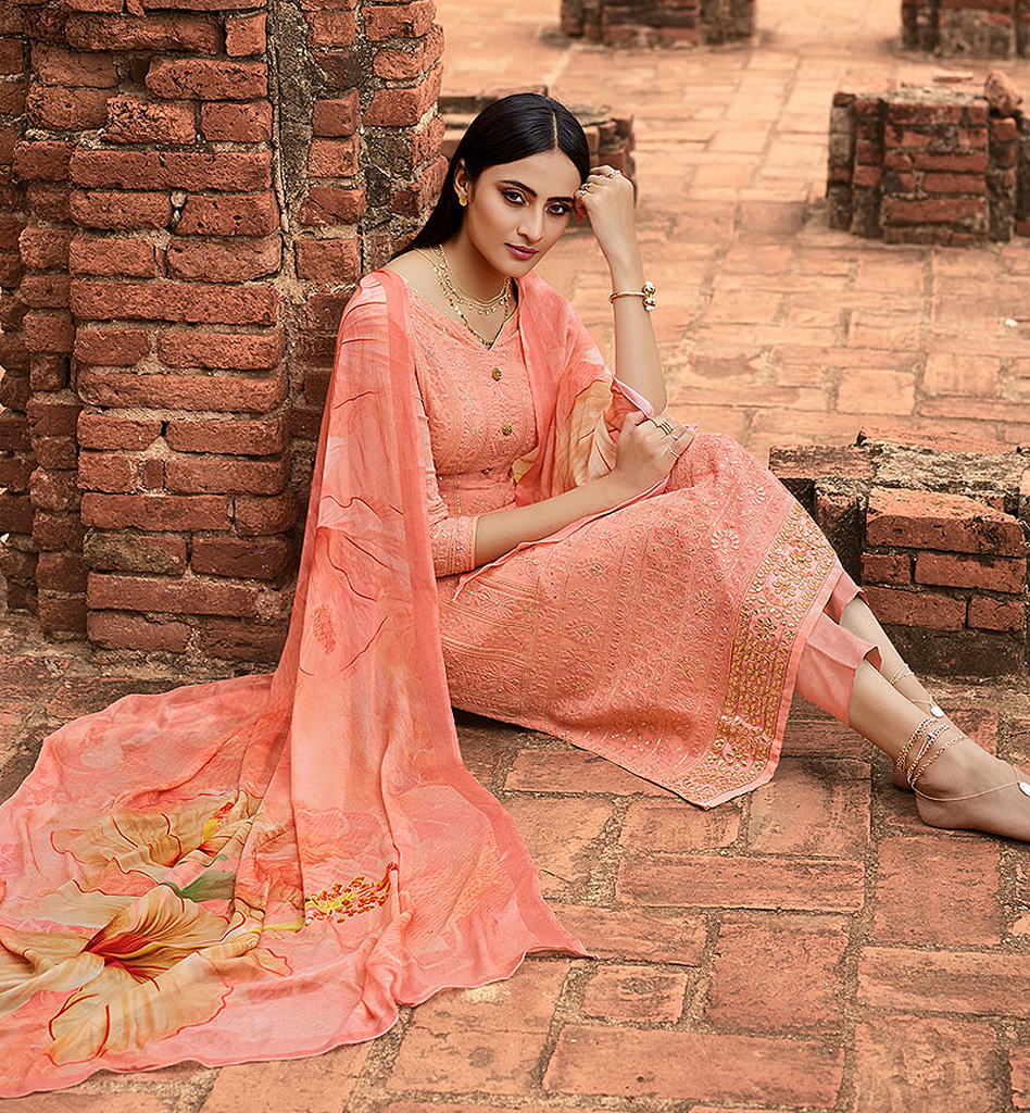 Salmon Peach Designer Embroidered Lucknowi Chikankari Pant Suit-Saira's Boutique