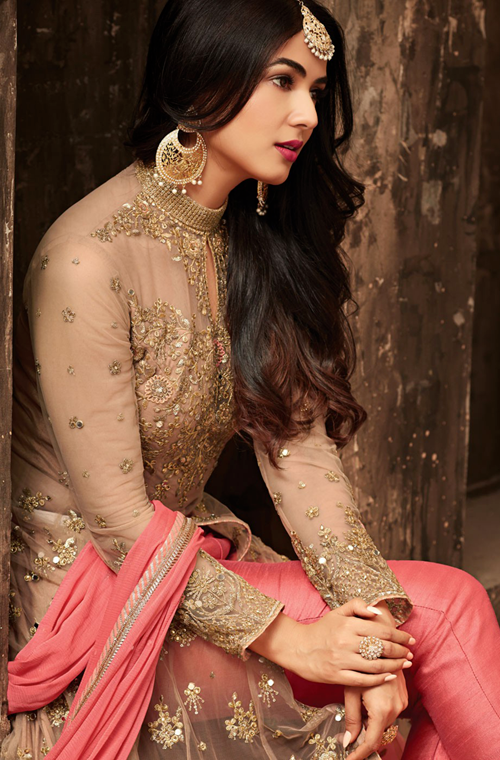 Salmon Pink & Beige Designer Heavy Embroidered Net Wedding Anarkali Lehenga-Saira's Boutique