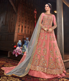 Salmon Pink & Gray Designer Heavy Embroidered Bridal Anarkali Gown-Saira's Boutique