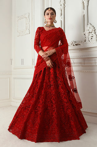Dark Red Designer Heavy Embroidered Bridal Lehenga