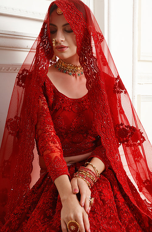 Scarlet Red Designer Heavy Embroidered Bridal Lehenga Saira's