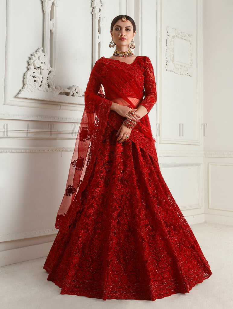 Scarlet Red Designer Heavy Embroidered Bridal Lehenga-Saira's Boutique