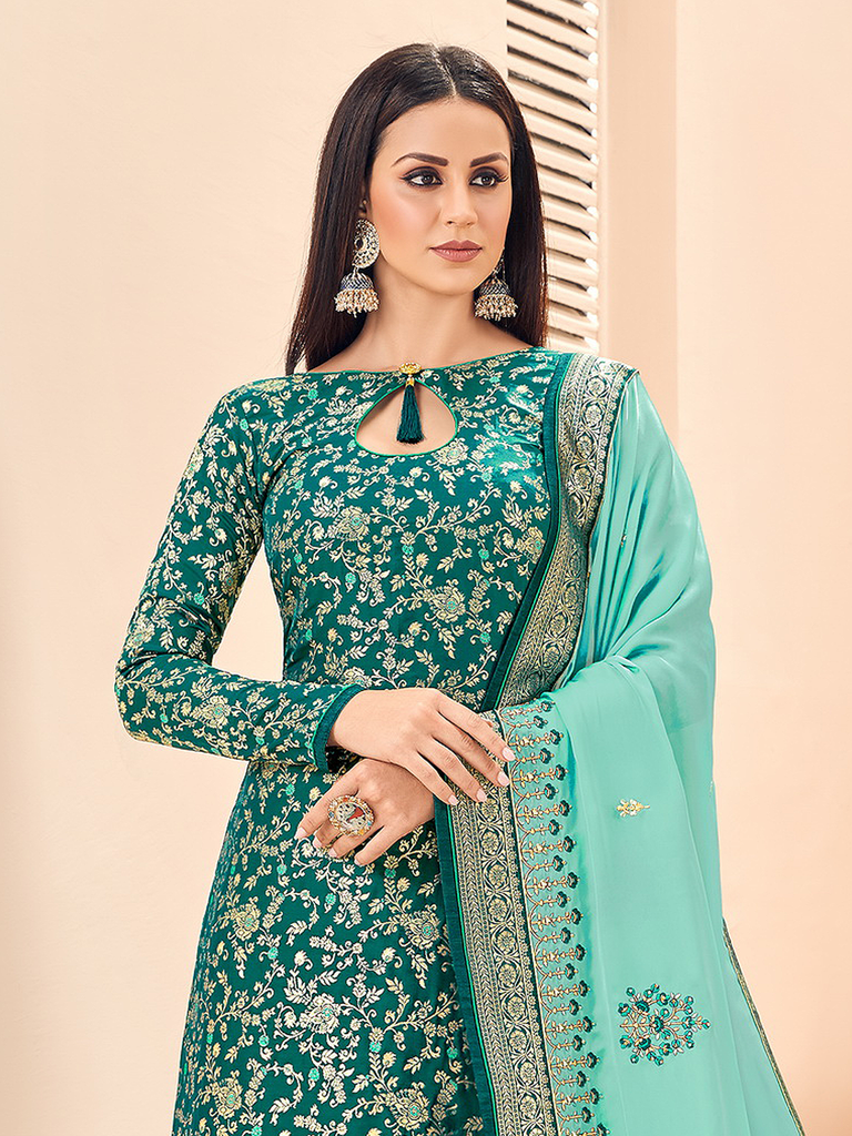 Sea Green & Turquoise Designer Embroidered Silk Jacquard Palazzo Suit-Saira's Boutique