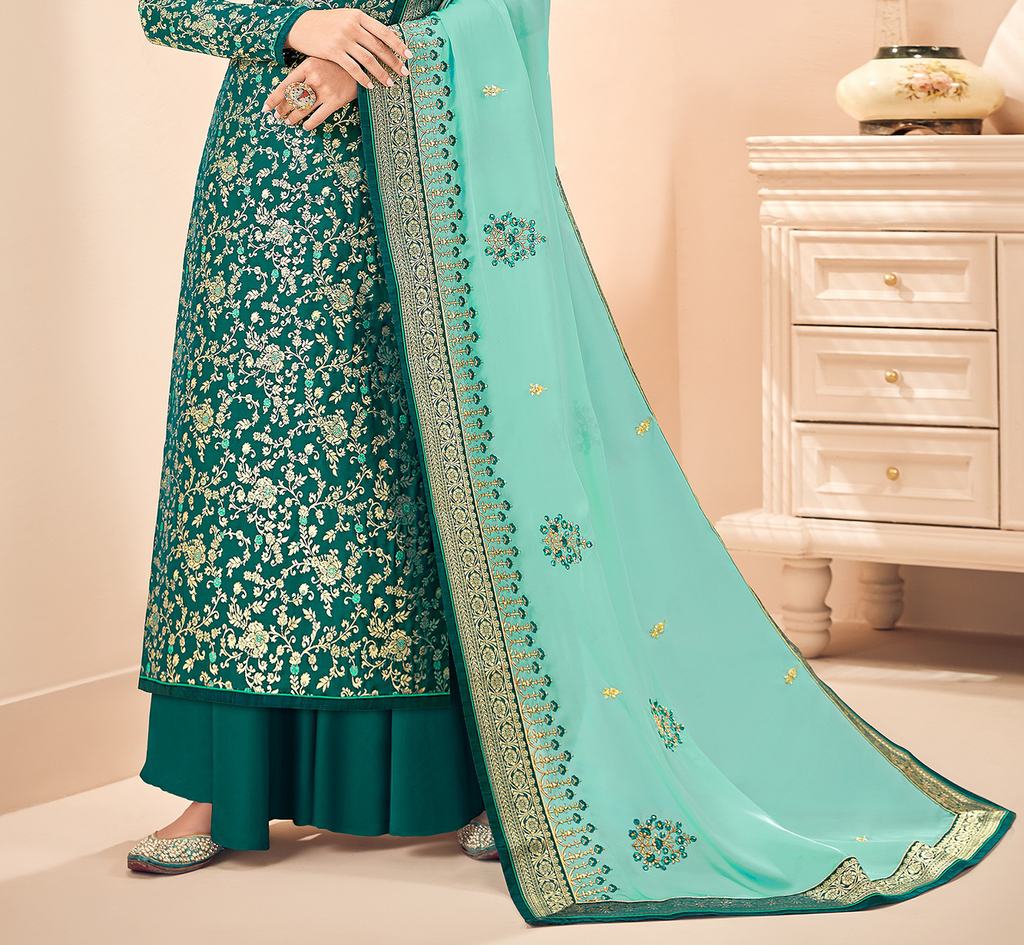 Sea Green & Turquoise Designer Embroidered Silk Jacquard Palazzo Suit-Saira's Boutique