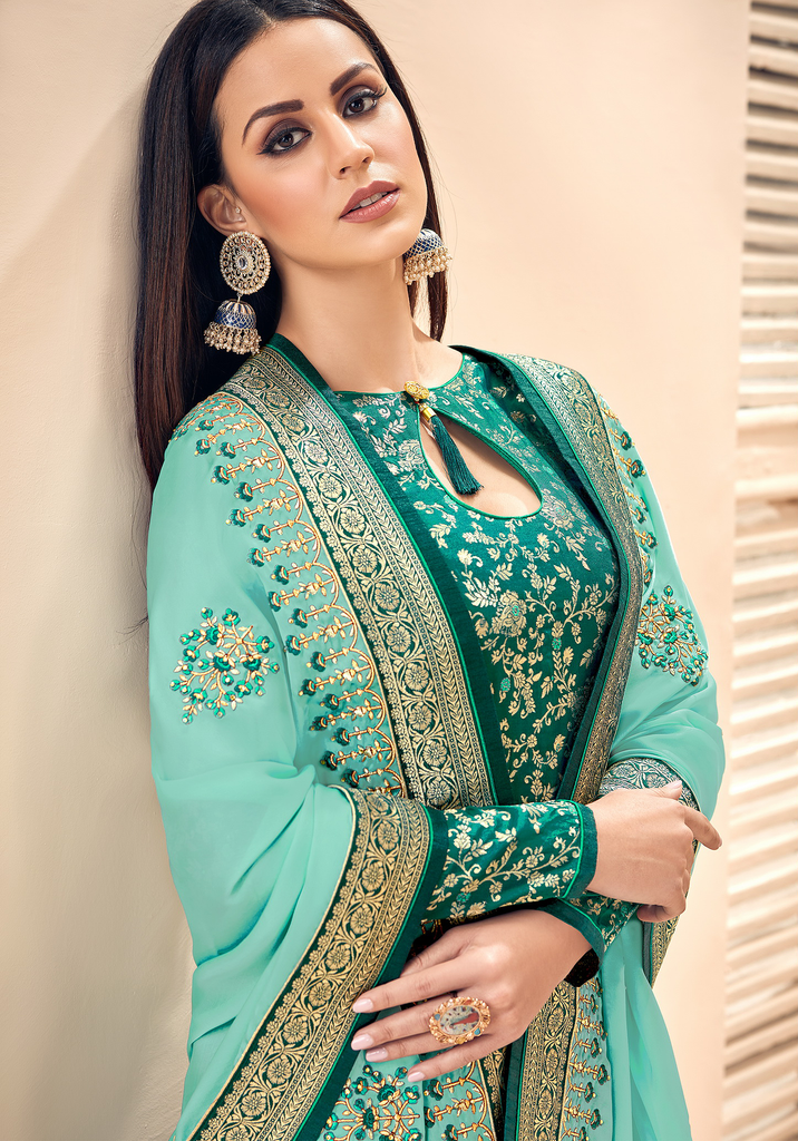 Sea Green & Turquoise Designer Embroidered Silk Jacquard Palazzo Suit-Saira's Boutique