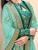 Sea Green & Turquoise Designer Embroidered Silk Jacquard Palazzo Suit-Saira's Boutique