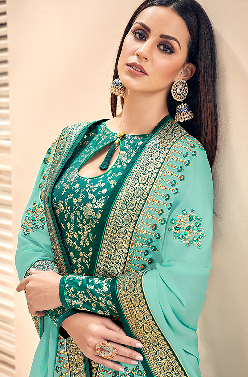 Sea Green & Turquoise Designer Embroidered Silk Jacquard Palazzo Suit-Saira's Boutique