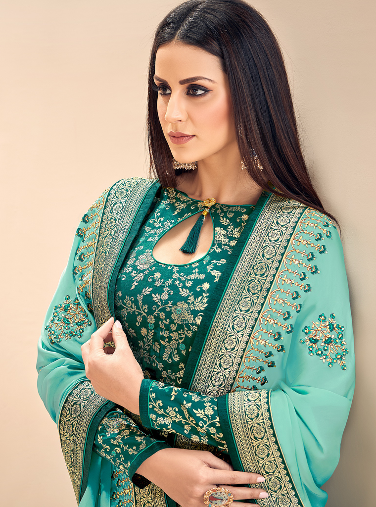 Sea Green & Turquoise Designer Embroidered Silk Jacquard Palazzo Suit-Saira's Boutique