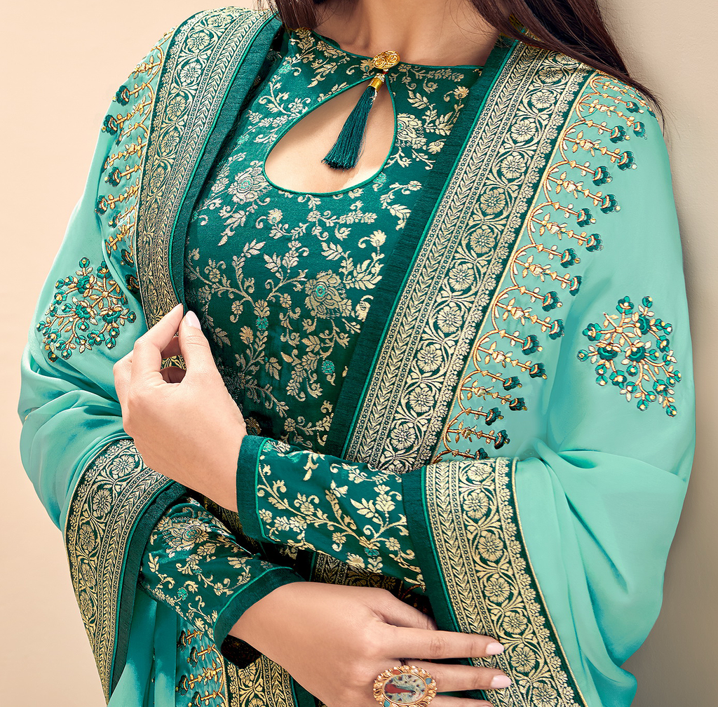 Sea Green & Turquoise Designer Embroidered Silk Jacquard Palazzo Suit-Saira's Boutique