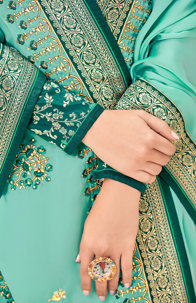 Sea Green & Turquoise Designer Embroidered Silk Jacquard Palazzo Suit-Saira's Boutique