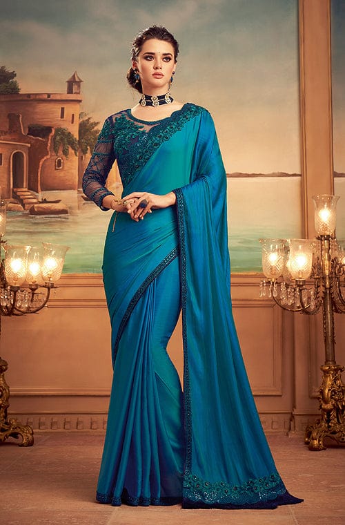 Shaded Blue Designer Embroidered Silk Party Wear Saree-Saira's Boutique