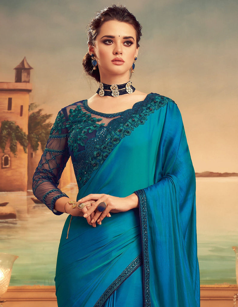 Shaded Blue Designer Embroidered Silk Party Wear Saree | Saira's Boutique