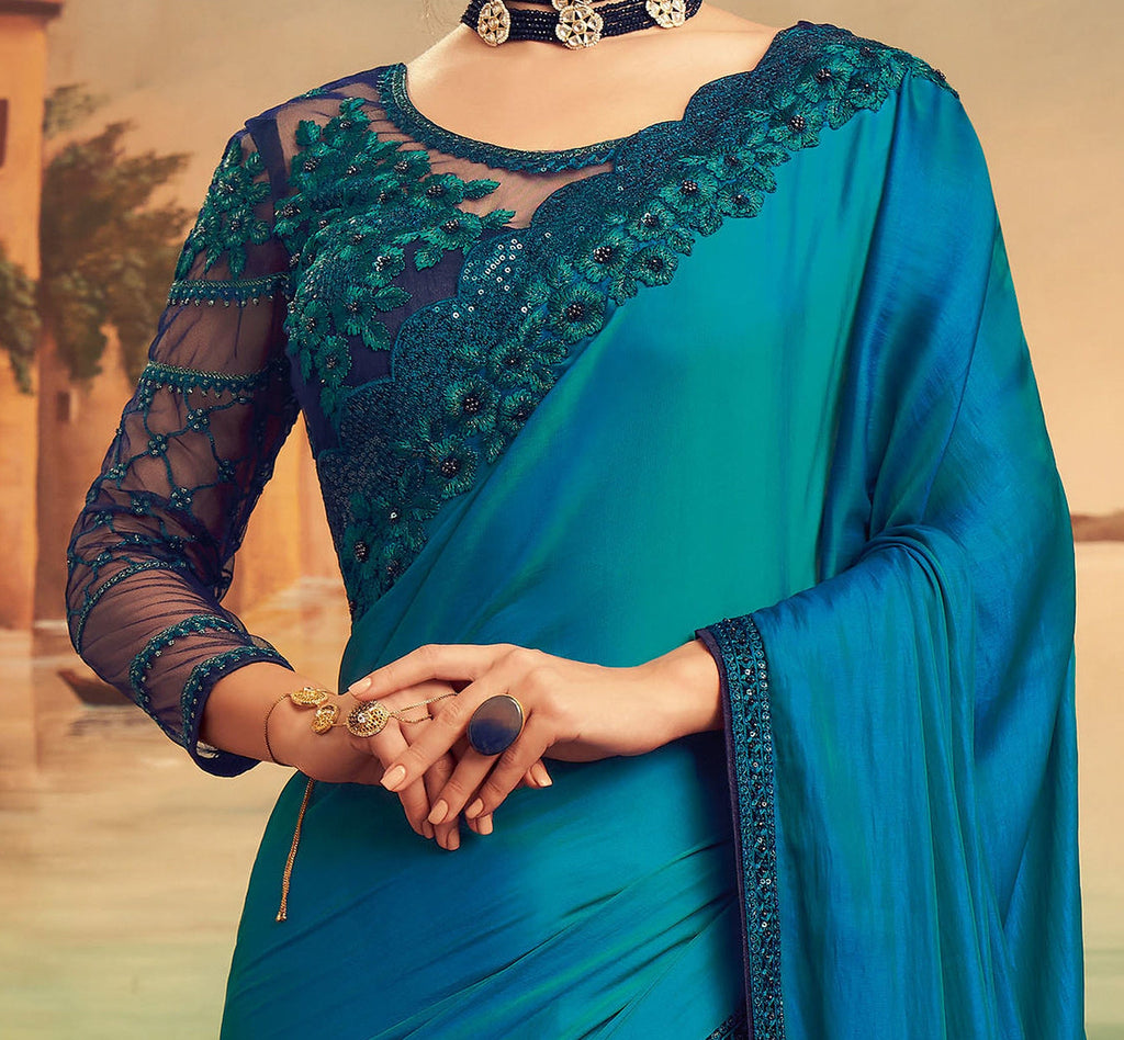 Shaded Blue Designer Embroidered Silk Party Wear Saree-Saira's Boutique