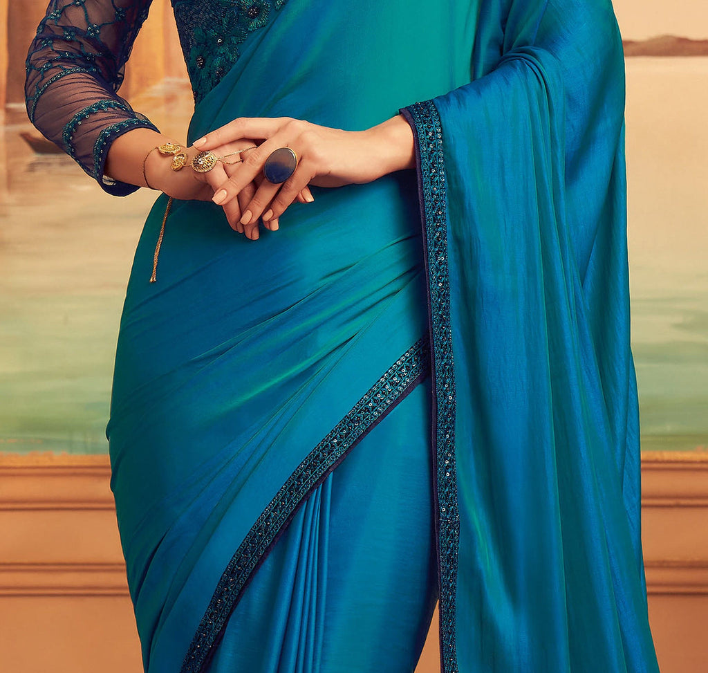 Shaded Blue Designer Embroidered Silk Party Wear Saree-Saira's Boutique