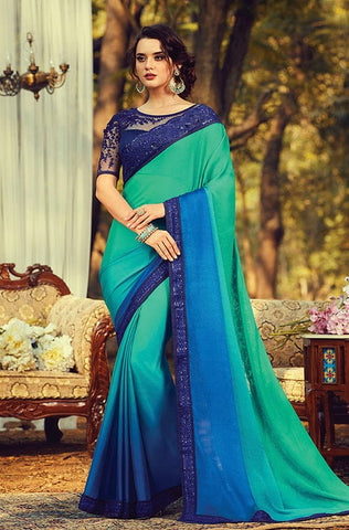 Peacock Blue Designer Embroidered Silk Party Wear Saree
