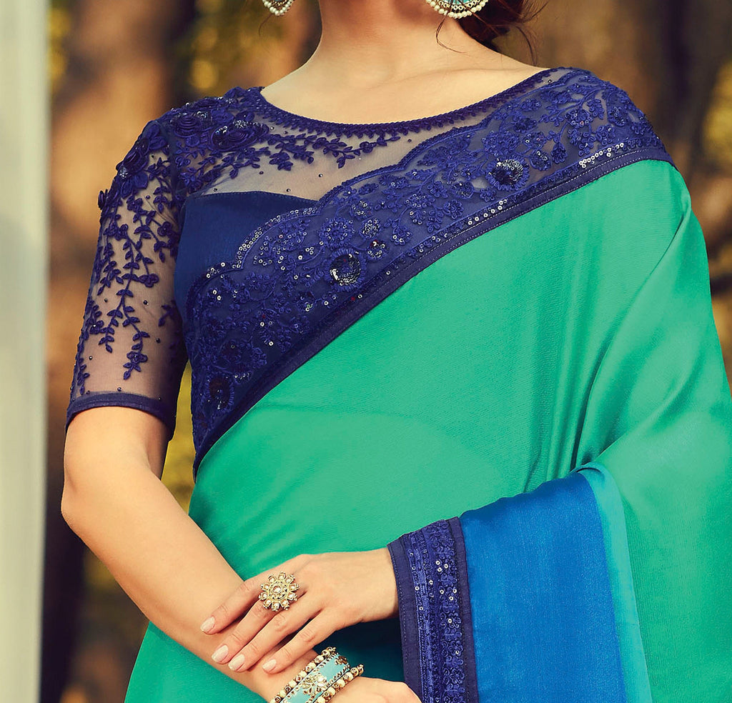 Shaded Blue & Green Designer Embroidered Silk Party Wear Saree-Saira's Boutique
