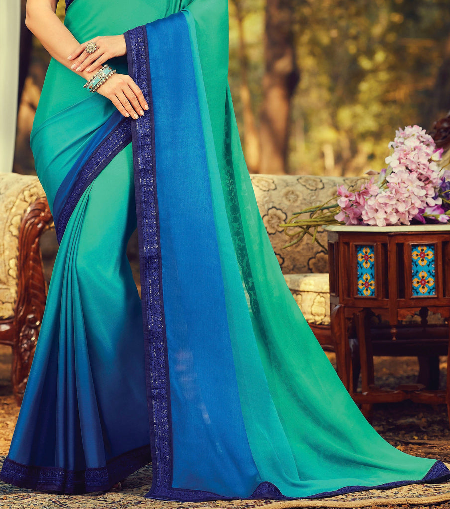 Shaded Blue & Green Designer Embroidered Silk Party Wear Saree-Saira's Boutique