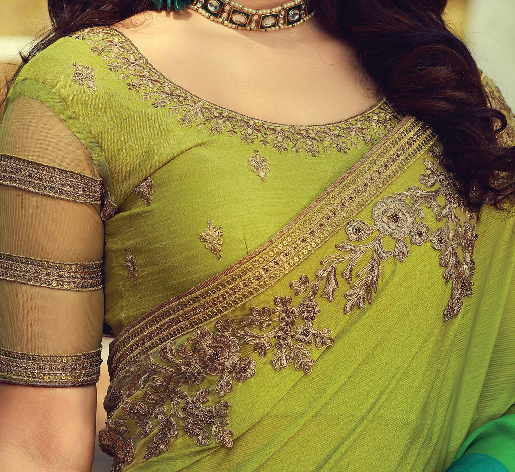 Shaded Olive & Green Designer Embroidered Silk Party Wear Saree-Saira's Boutique