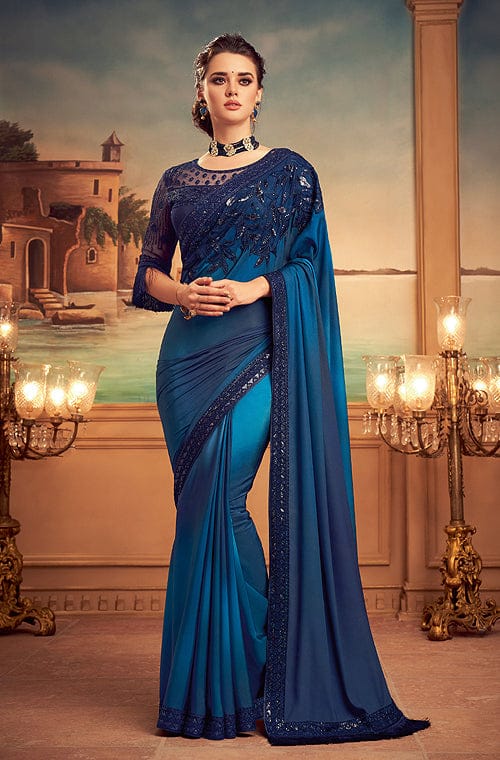 Shaded Regal Blue Designer Embroidered Silk Party Wear Saree