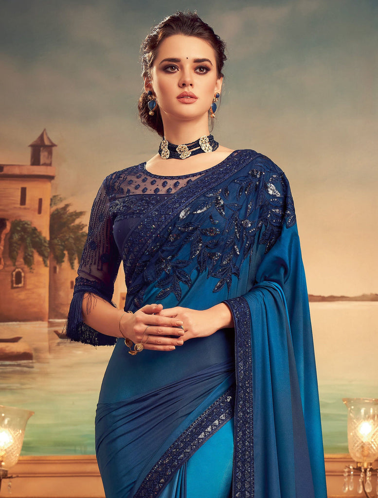 Shaded Regal Blue Designer Embroidered Silk Party Wear Saree | Saira's ...