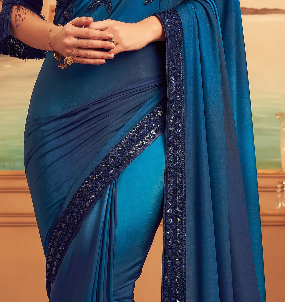 Shaded Regal Blue Designer Embroidered Silk Party Wear Saree-Saira's Boutique
