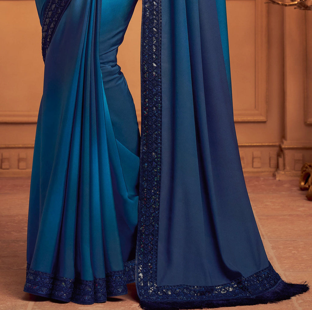 Shaded Regal Blue Designer Embroidered Silk Party Wear Saree-Saira's Boutique