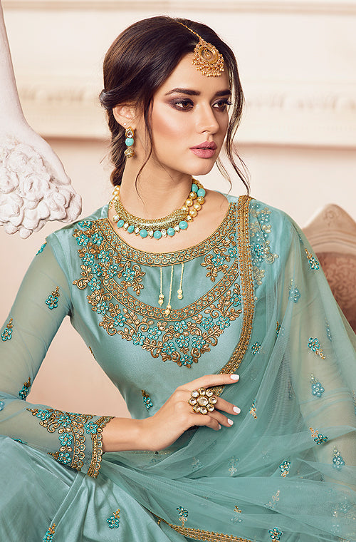 Sky Blue Designer Embroidered Net Sharara Suit-Saira's Boutique