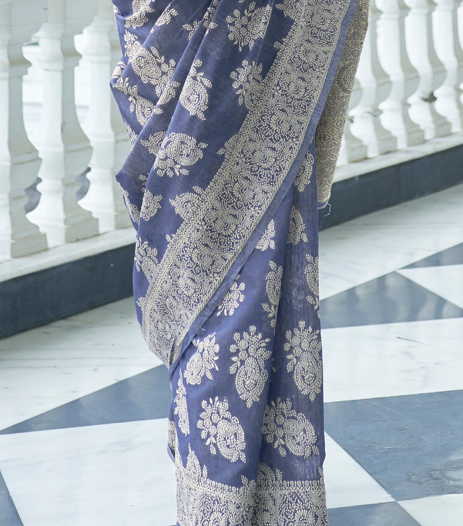 Slate Blue Designer Heavy Embroidered Chikankari Party Wear Saree-Saira's Boutique