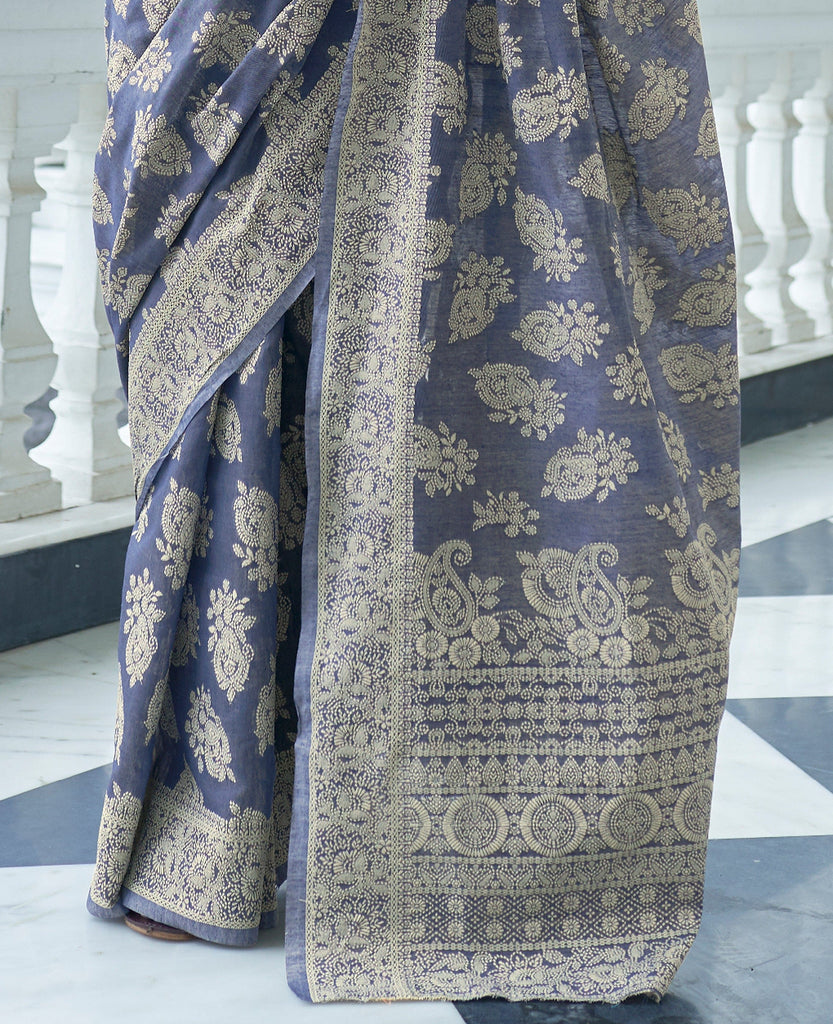 Slate Blue Designer Heavy Embroidered Chikankari Party Wear Saree-Saira's Boutique