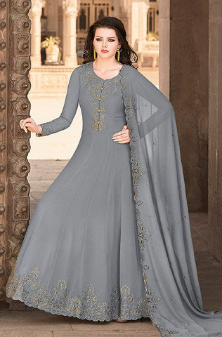 Slate Gray Designer Embroidered Party Wear Anarkali Suit Saira s Boutique