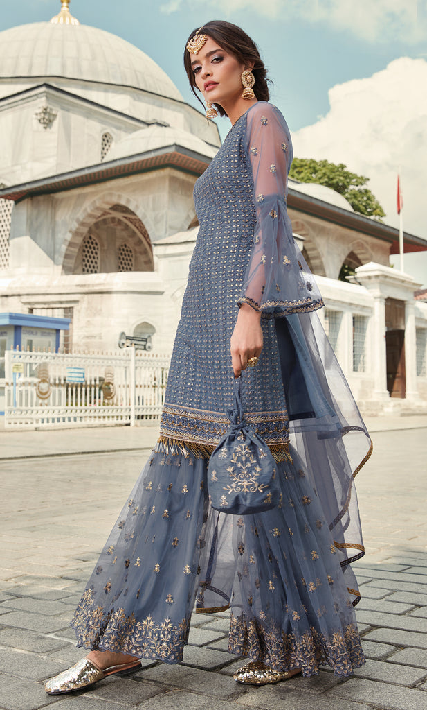 Slate Blue Designer Heavy Embroidered Net Gharara Suit-Saira's Boutique