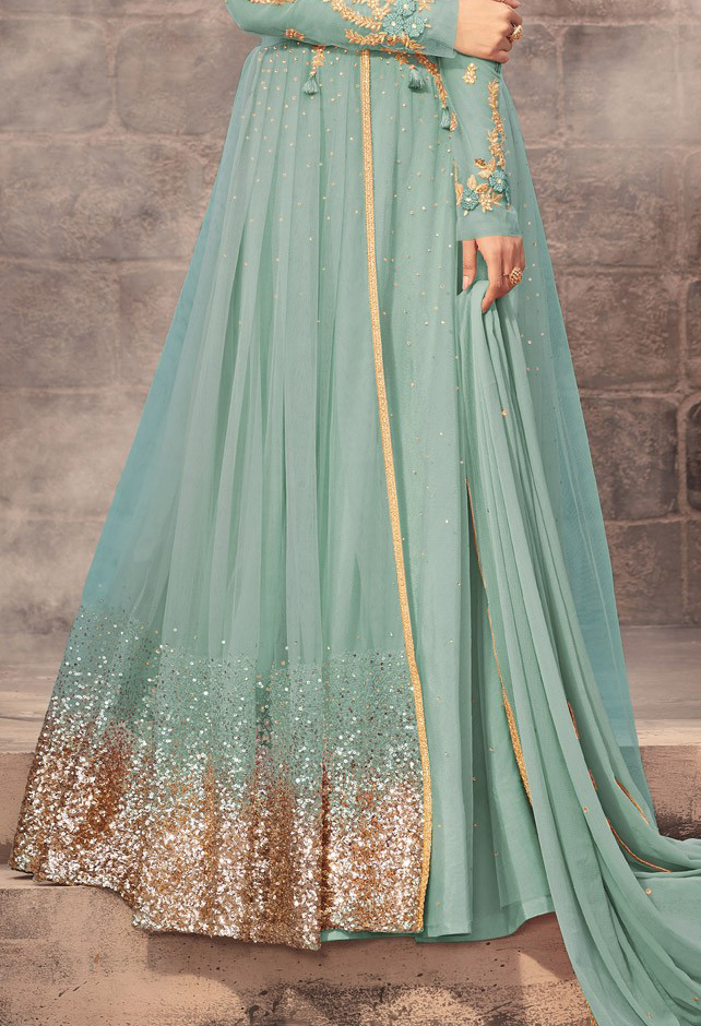 Stone Blue Designer Embroidered Net Wedding Anarkali Suit-Saira's Boutique