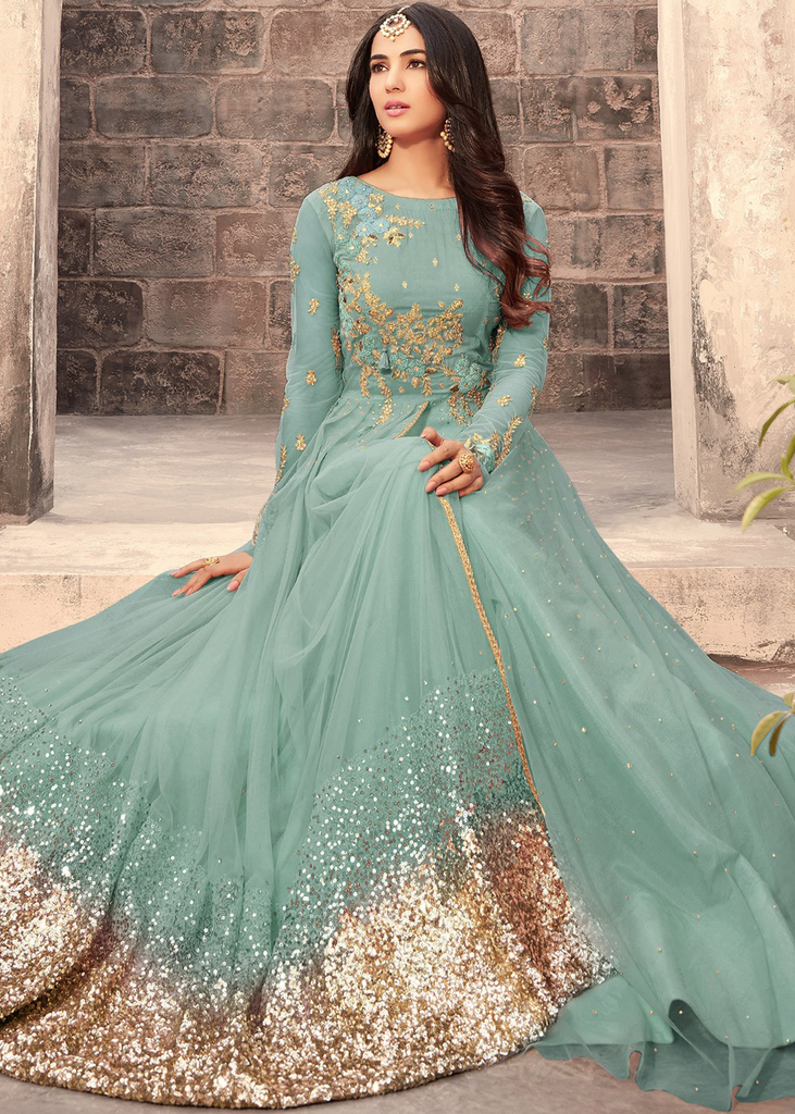 Stone Blue Designer Embroidered Net Wedding Anarkali Suit-Saira's Boutique