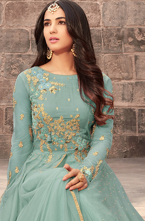 Stone Blue Designer Embroidered Net Wedding Anarkali Suit-Saira's Boutique