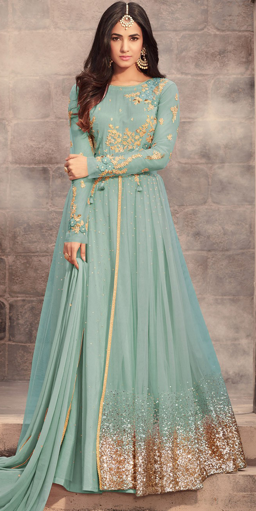 Stone Blue Designer Embroidered Net Wedding Anarkali Suit-Saira's Boutique