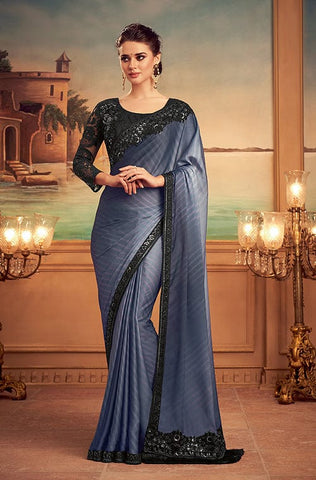 Charcoal Blue Designer Embroidered Silk Wedding Saree