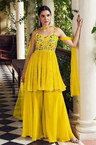 Yellow & Burgundy Designer Embroidered Silk Wedding Sharara Suit
