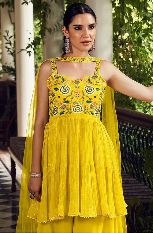 Sunflower Yellow Designer Embroidered Peplum Style Gharara Suit-Saira's Boutique