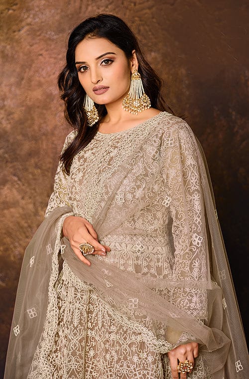 Taupe Designer Heavy Embroidered Net Anarkali Suit-Saira's Boutique