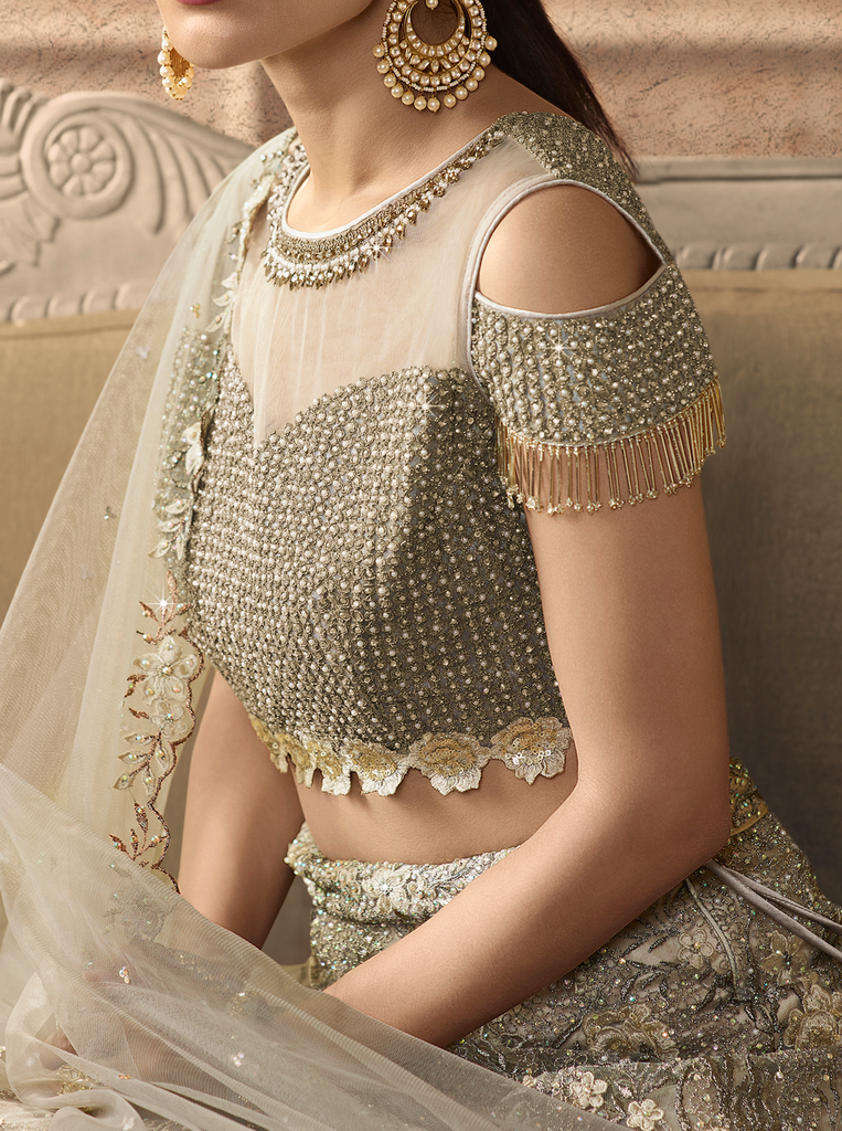 Taupe Designer Heavy Embroidered Net Wedding Lehenga-Saira's Boutique