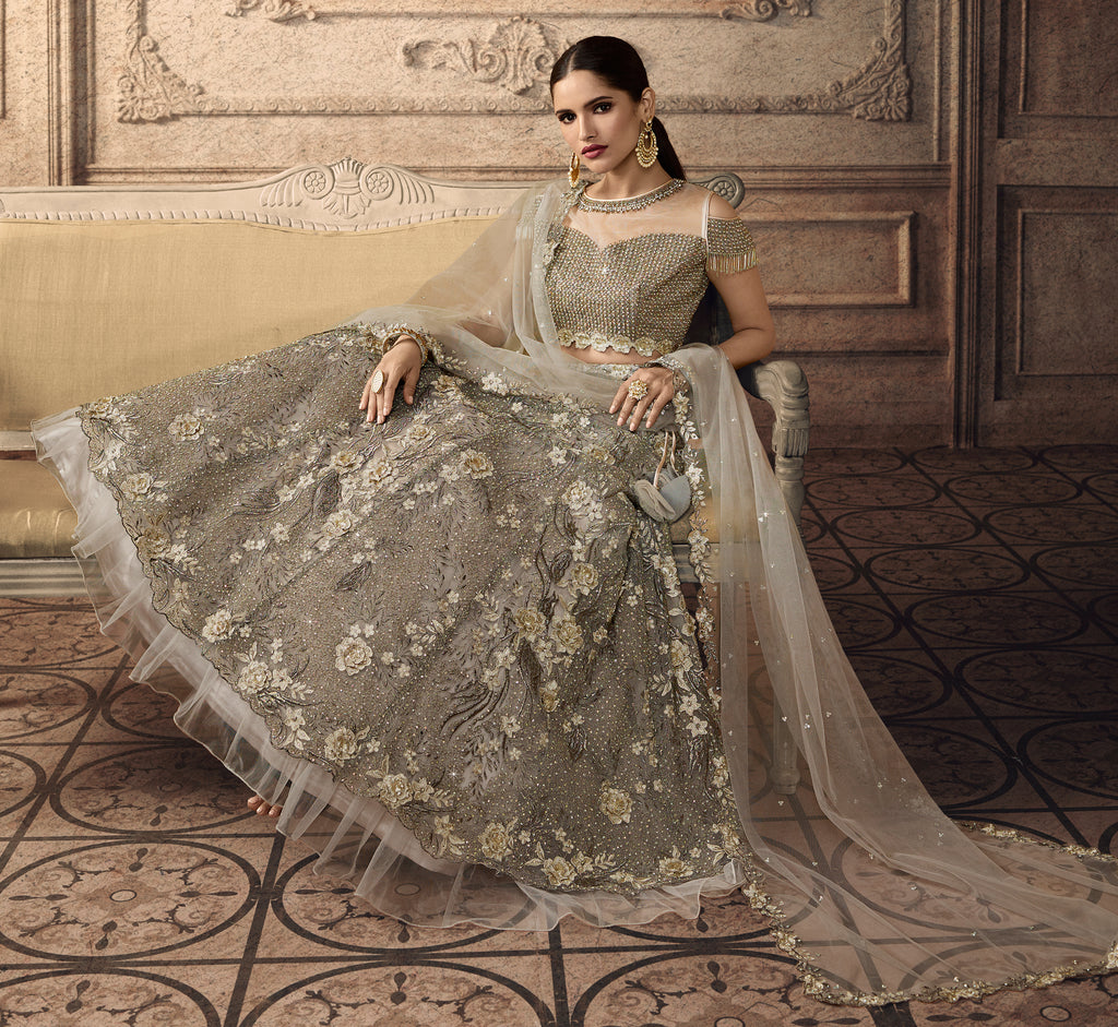 Taupe Designer Heavy Embroidered Net Wedding Lehenga-Saira's Boutique