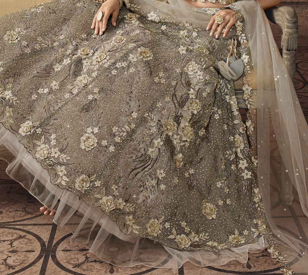 Taupe Designer Heavy Embroidered Net Wedding Lehenga-Saira's Boutique