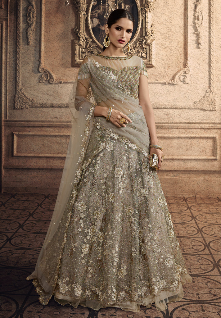 Taupe Designer Heavy Embroidered Net Wedding Lehenga-Saira's Boutique