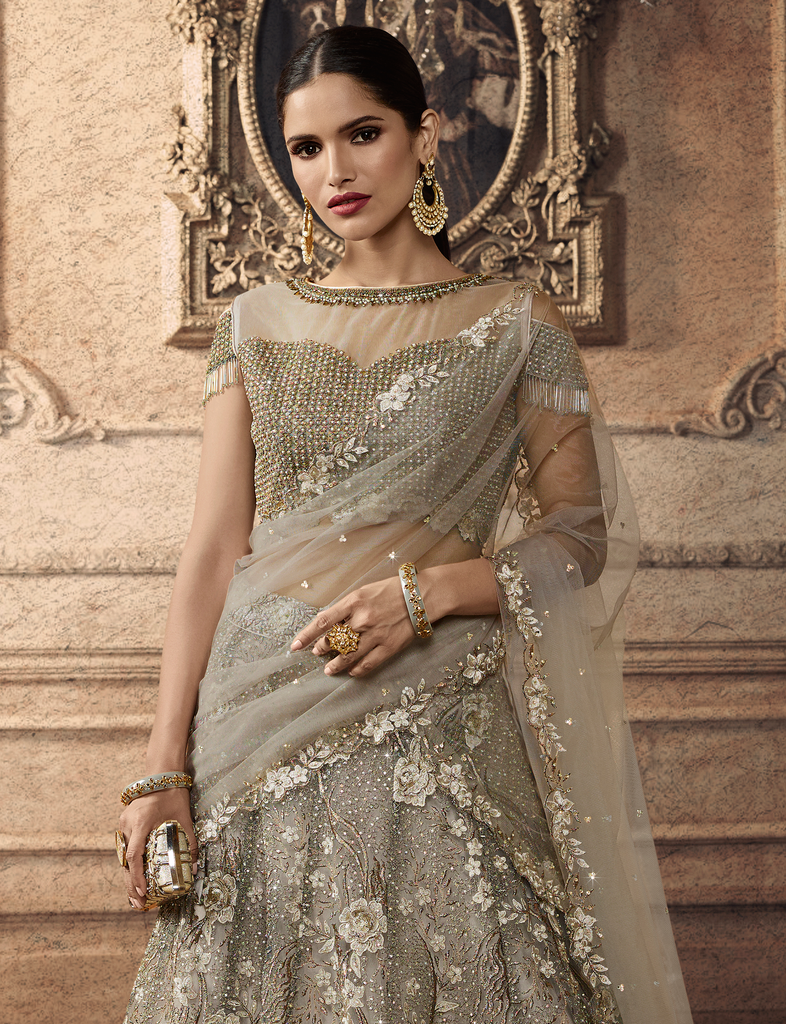 Taupe Designer Heavy Embroidered Net Wedding Lehenga-Saira's Boutique