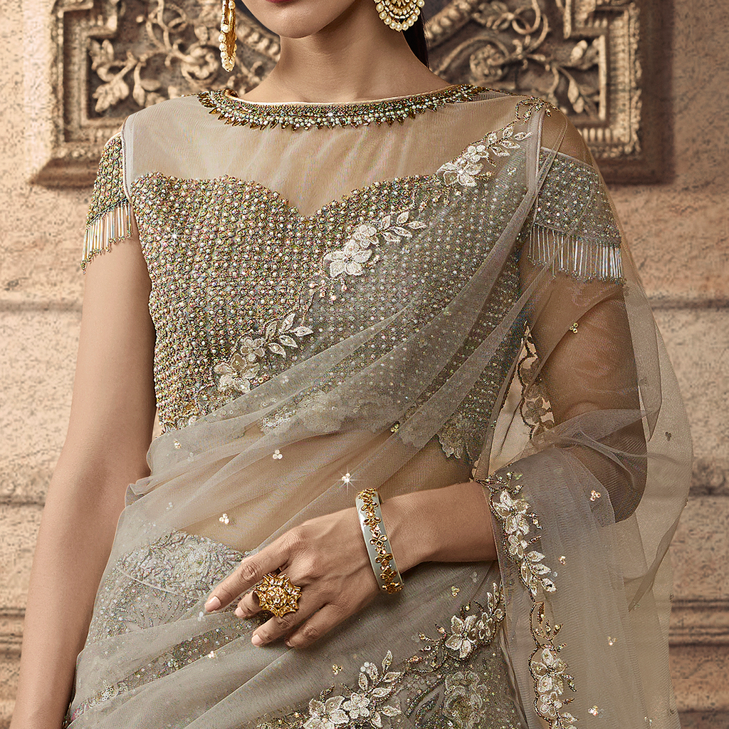 Taupe Designer Heavy Embroidered Net Wedding Lehenga-Saira's Boutique