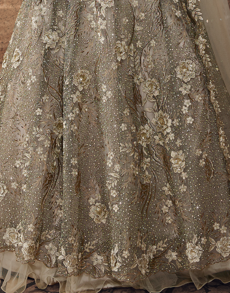 Taupe Designer Heavy Embroidered Net Wedding Lehenga-Saira's Boutique